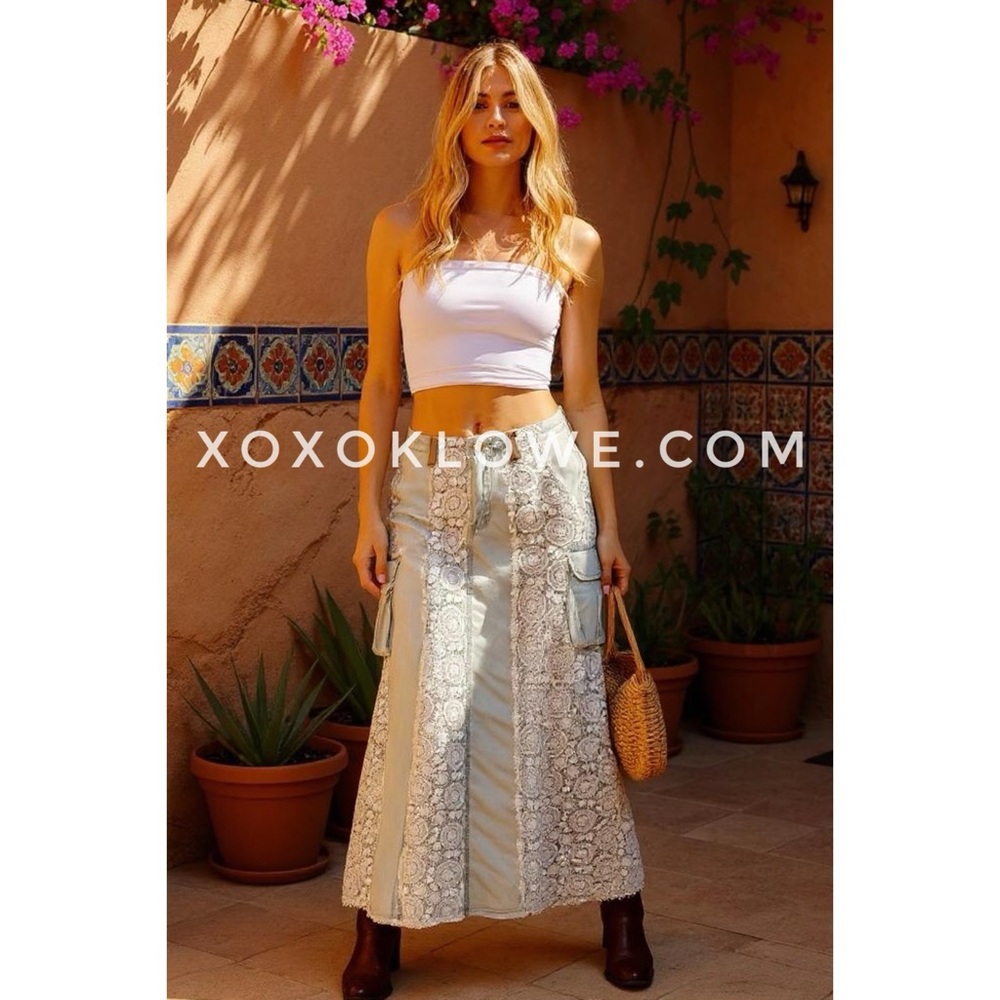POL Vintage Washed Crochet Lace Denim Maxi Skirt
